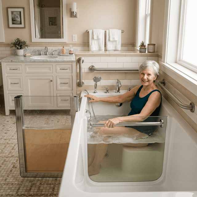 Baignoire à porte moderne avec porte vitrée dans une salle de bain lumineuse